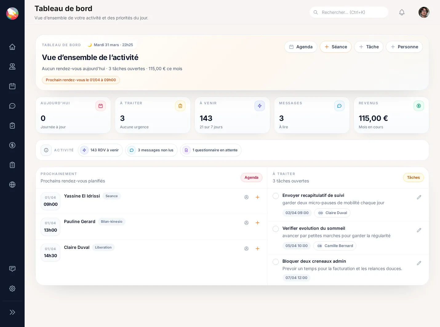 Tableau de bord Asensio sur ordinateur — statistiques, rendez-vous à venir et tâches